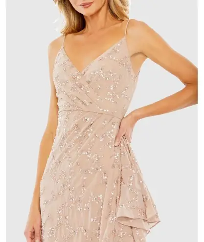 Mac Duggal NWT Sequined Faux Wrap Ruffle Asymmetrical Hem Dress in Mocha Size 14