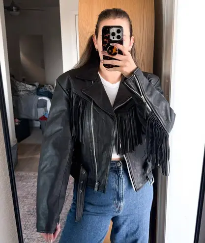 Vintage Hyde Out Leather Black Fringe Leather Jacket Size L