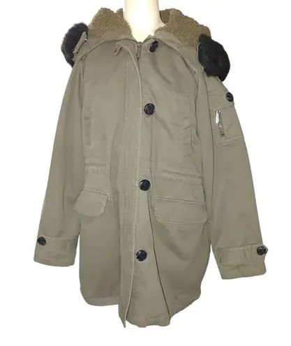 Michael Kors Hooded Parka Coat Size Large Olive Faux Fur Trim Sherpa Lining Black