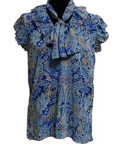 Elan Ava Blue Tapestry Ruffle Sheer Tie Neck Boho Top NWT Size Medium Y2K
