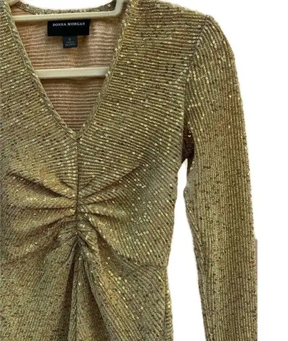 Donna Morgan Gold Sequin Metallic Knit Ruched Dress NWT