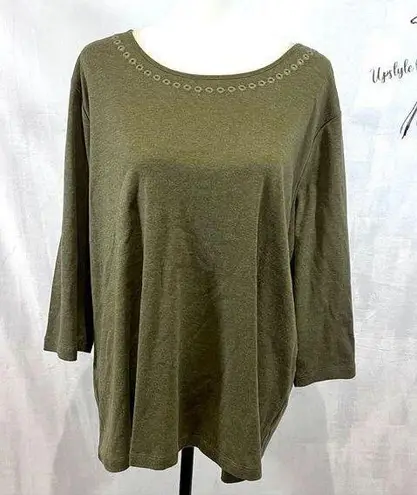 cj banks long sleeve olive green embroidered cotton blend top size 2X