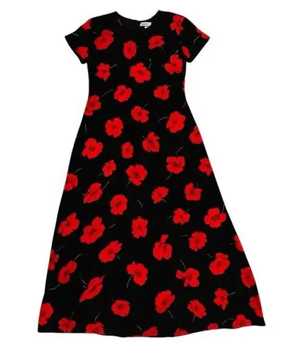 Valerie Stevens NWT 100% Silk Maxi Dress Size 12 Vintage Black/Red Floral Poppy