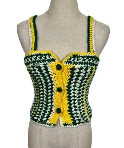 Vintage Handmade Granny Crochet Knit Button Corset Style Bustier Tank Top Vest Green Size XS