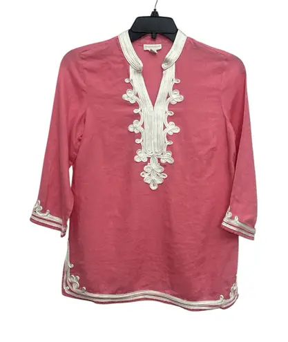Charter Club Linen Embroidered Appliqué Tunic Size Medium Pink 3/4 Sleeve
