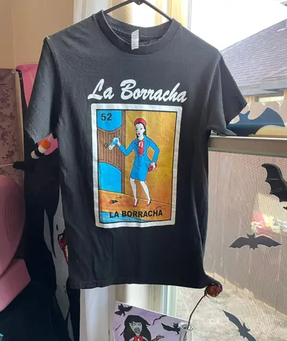 Mexican bingo loteria la borracha drunk lady novelty short sleeve tee Black