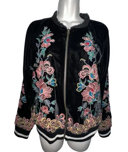 Elevenses Anthropologie Black Velvet Embroidered Bomber Jacket Full Zip Medium