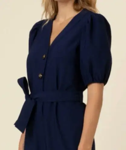FRNCH | Laurine Jumpsuit Navy Blue Tie Belt Puffed Sleeve Button | Medium