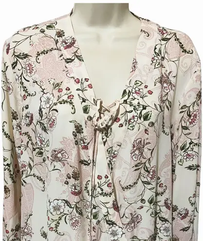 Soho New York Company Floral Pink Blouse front lace Balloon sleeve women size L