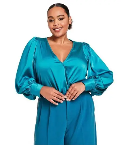 Sergio Hudson Teal Blue Satin Crossover Wrap Bodysuit Sz 1X