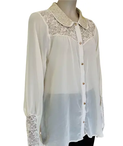 Daytrip Sheer Cream Button Front Lace Shirt NWT