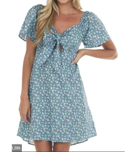 Ripcurl Blue Floral Tie Front Cut Out Mini Dress with Button Front Skirt size L Size L