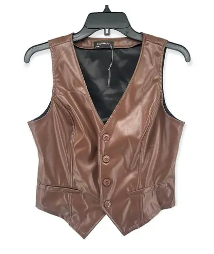 Lulumari  Women’s Brown Button Front Sleeveless Faux Leather Vest Large