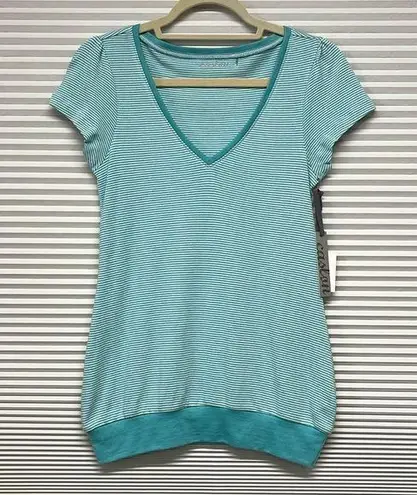 Caslon  NWT Turquoise and White Stripe V-neck Banded Bottom Hem T-Shirt Size XS