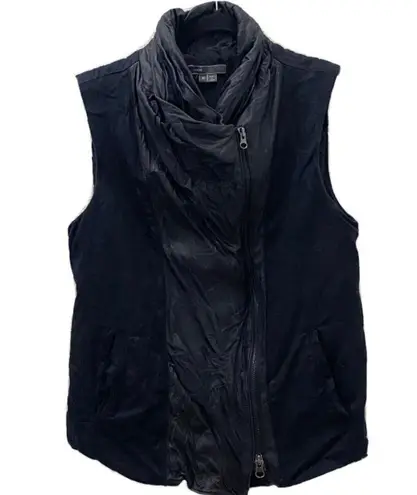 Vince  Black Leather Trim Linen Blend Asymmetrical Vest