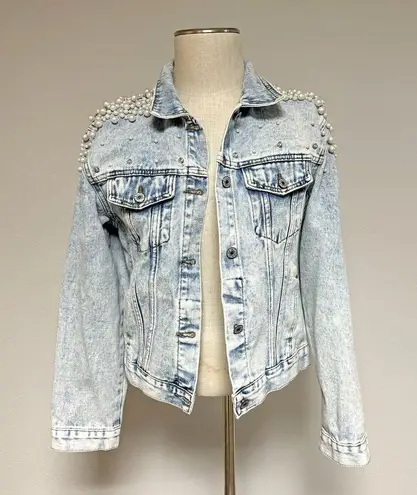 Pearls Beaded Denim Jacket Blue