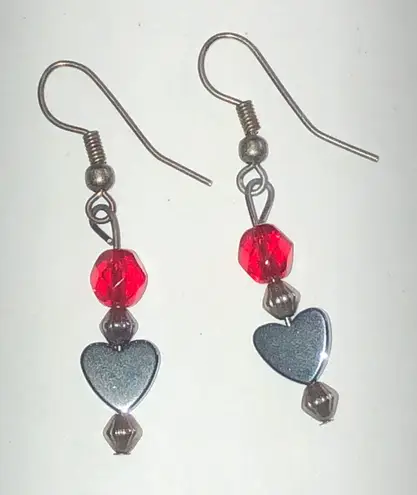 Black Metallic Hematite Heart Drop Earrings with Red and Silver Accents