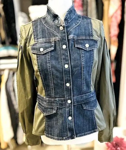 White House | Black Market WHBM Olive Green Pleated Sleeve Denim Jacket 4