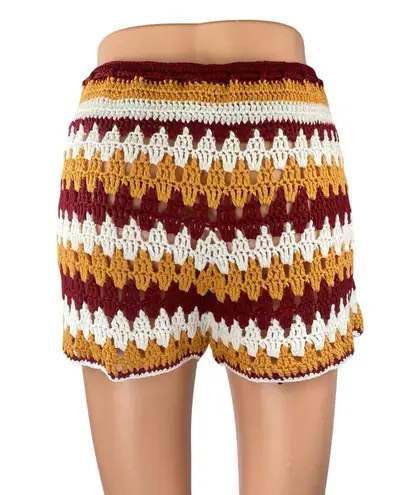 Women's Red Multicolor Striped Crochet Knit High Rise Boho Mini Shorts Size L Size L