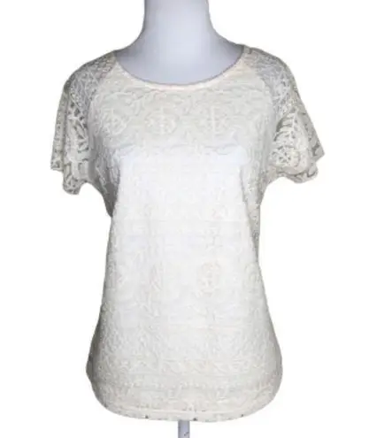 Solitaire Ivory Lace Overlay Sheer Short Sleeves Keyhole Dressy Casual Top M
