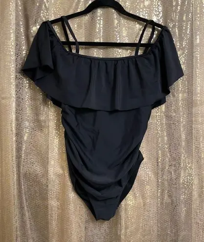 Pinkblush maternity black ruffle one-piece swimsuit, S