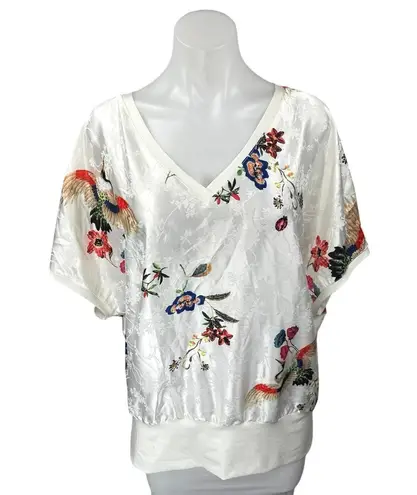 NEW Golbary Floral Silk Satin Jacquard Floral Short Sleeve V Neck Blouse Top 3 White Size undefined