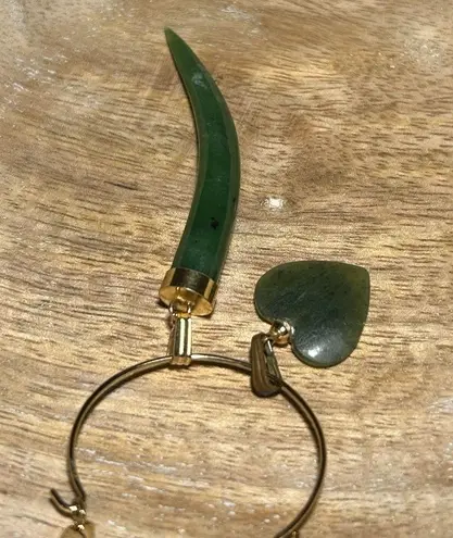 Vintage Gold Tone Choker Green Jade Horn & Heart Pendant Necklace