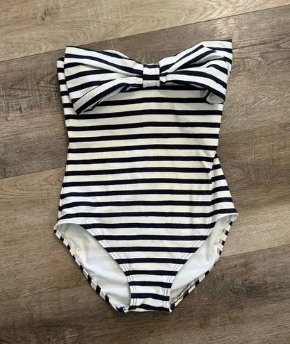 Kate Spade  White and Navy Blue Striped Swim Suit with Bow One Piece Size S