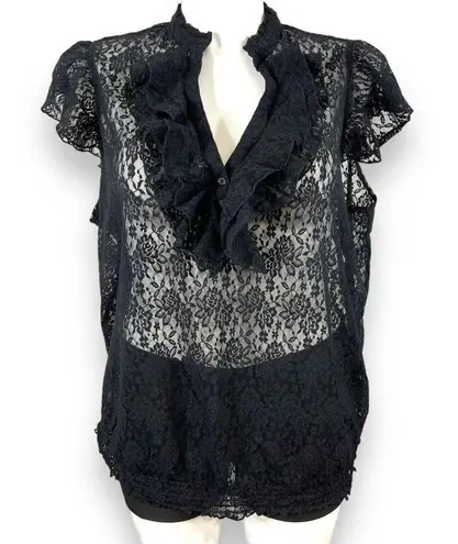 Pure Energy Womens Blouse Top Shirt Sheer Lace Ruffled Pullover Black Size 4