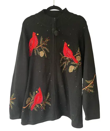 Quacker Factory Womens Cardigan 1X Black Cardinal Bird Embellished Full Zip - Image 1
