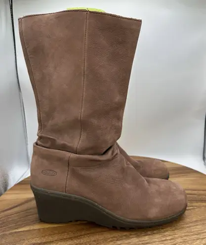 Keen Akita Wedge Boots Slouch Pull On Mid Calf Brown Suede 1007694 Women's 8