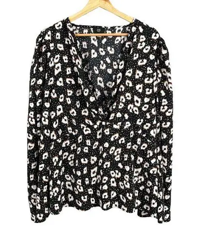 River Island Women’s Blouse US 16 Black Print V-Neck Long Sleeve Draped Top
