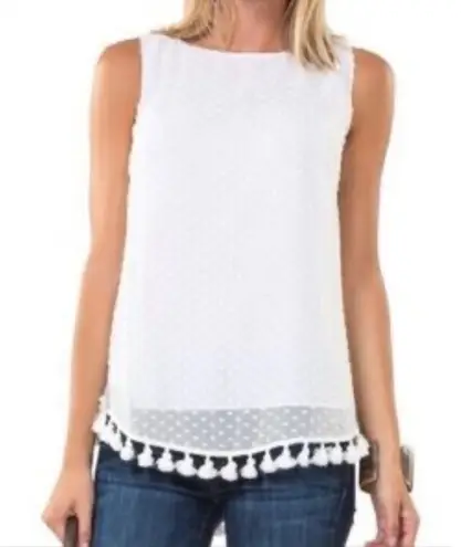 Sail To Sable White Silk Blend Swiss Dot Sleeveless Top Tassel Hem Size Medium