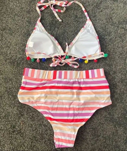 Boutique colorful striped Pom Pom high waist swimsuits