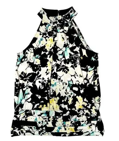 White House | Black Market  Aqua Yellow Floral Halter Mock Neck Top M