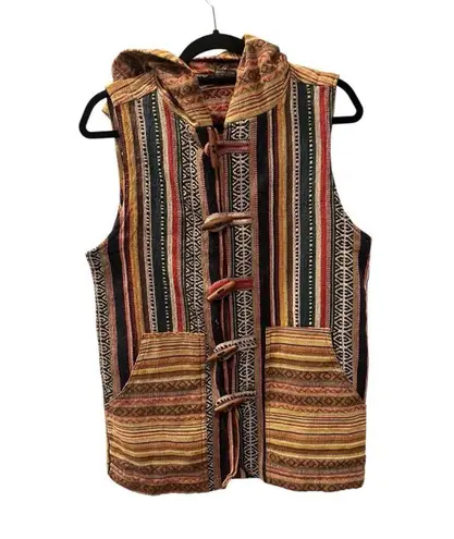 Earthbound Trading Boho Festival Vest Beaded Hooded Size Small Unisex Tapestry Brown