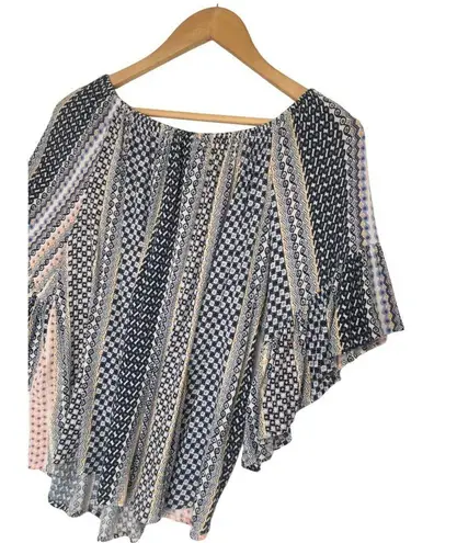 Bobeau Womens Size S Short Flutter Sleeve Flowy Top Geometric Print Blue