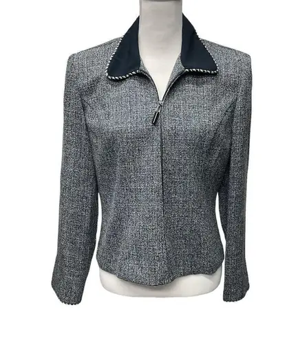 Positive Attitude Fitted Tweed Blazer Jacket Blue White Full Zip Preppy Work Size 10