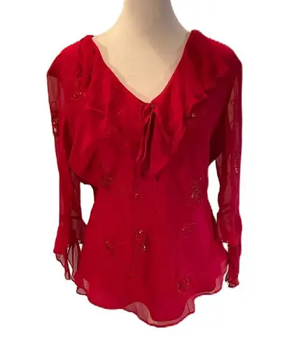 Camille La Vie Red Ruffle Embroidered Floral Print with Sequins Lightweight M