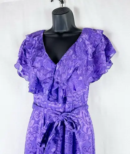 Alice + Olivia  Tessa Purple Ruffle V Neck Maxi Dress Gown Jacquard Floral Size 2