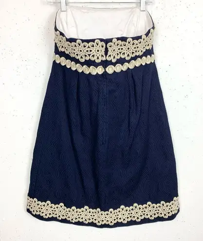 Lilly Pulitzer  Betsey Strapless Jacquard Dress Gold Trim Empire Waist Navy 8