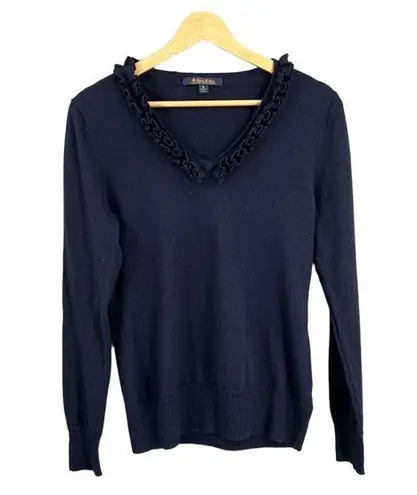 Brooks Brothers Sweater Merino Wool Navy Blue Ruffle Neckline VNeck Womens Med