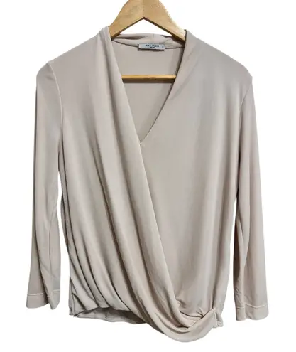 MM LaFleur deneuve faux wrap blouse Beige Draped Long Sleeve V Neck Size Medium Tan