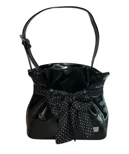 Beijo Black Vegan Patent Leather Paper Bag Handbag Polka Dot Scarf Twee Preppy