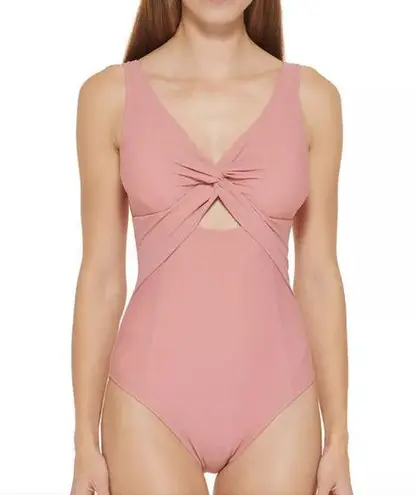 DKNY  COMPACT CORAL Peek-a-Boo Twist One-Piece Swimsuit 16 NWT