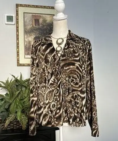 CH Chancelle Women Blouse Size 14 Collared V Neck Long Sleeve Open Front Button