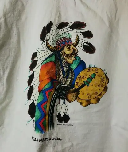 Vintage 90s Man Without A Horse Native T Shirt White Large L Indian Chief Solid