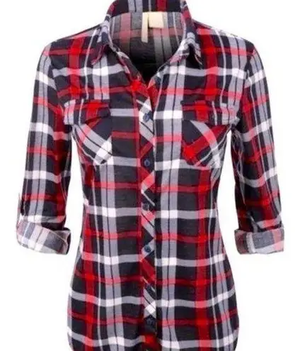 Daytrip  HIGH LOW HEM PLAID FLANNEL WOMENS SHIRT RED/BLUE/WHITE SIZE LARGE