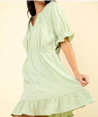 Very J Black Floral Textured Mini Dress Boho Ruffle Hem Elastic Waist Sz 1X NWT