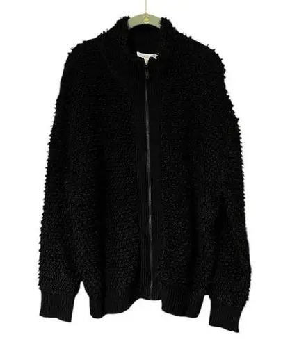 Treasure & Bond Womens Black Fuzzy Cozy Loop Yarn Front Zip Cardigan Large NWT